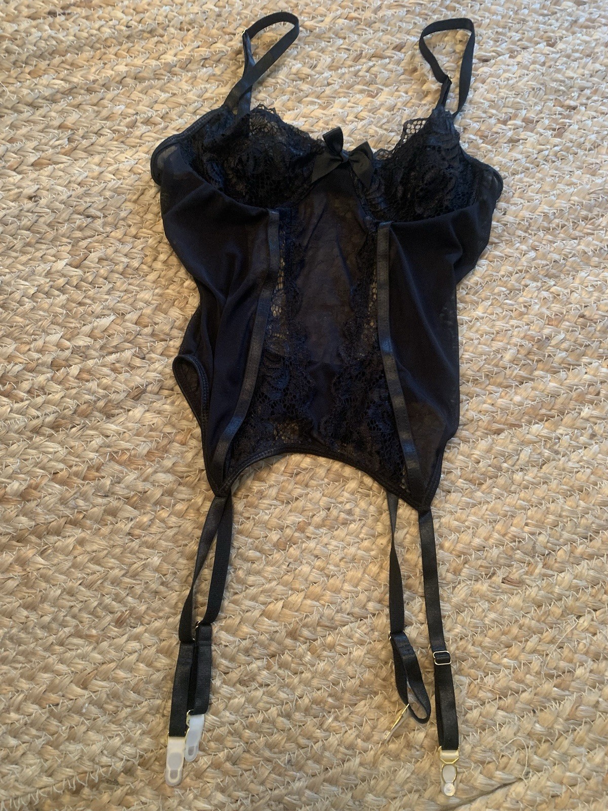 NEW Black Lace & Netting Teddy Lingerie Garter Size Small 26-34” Chest Beautiful