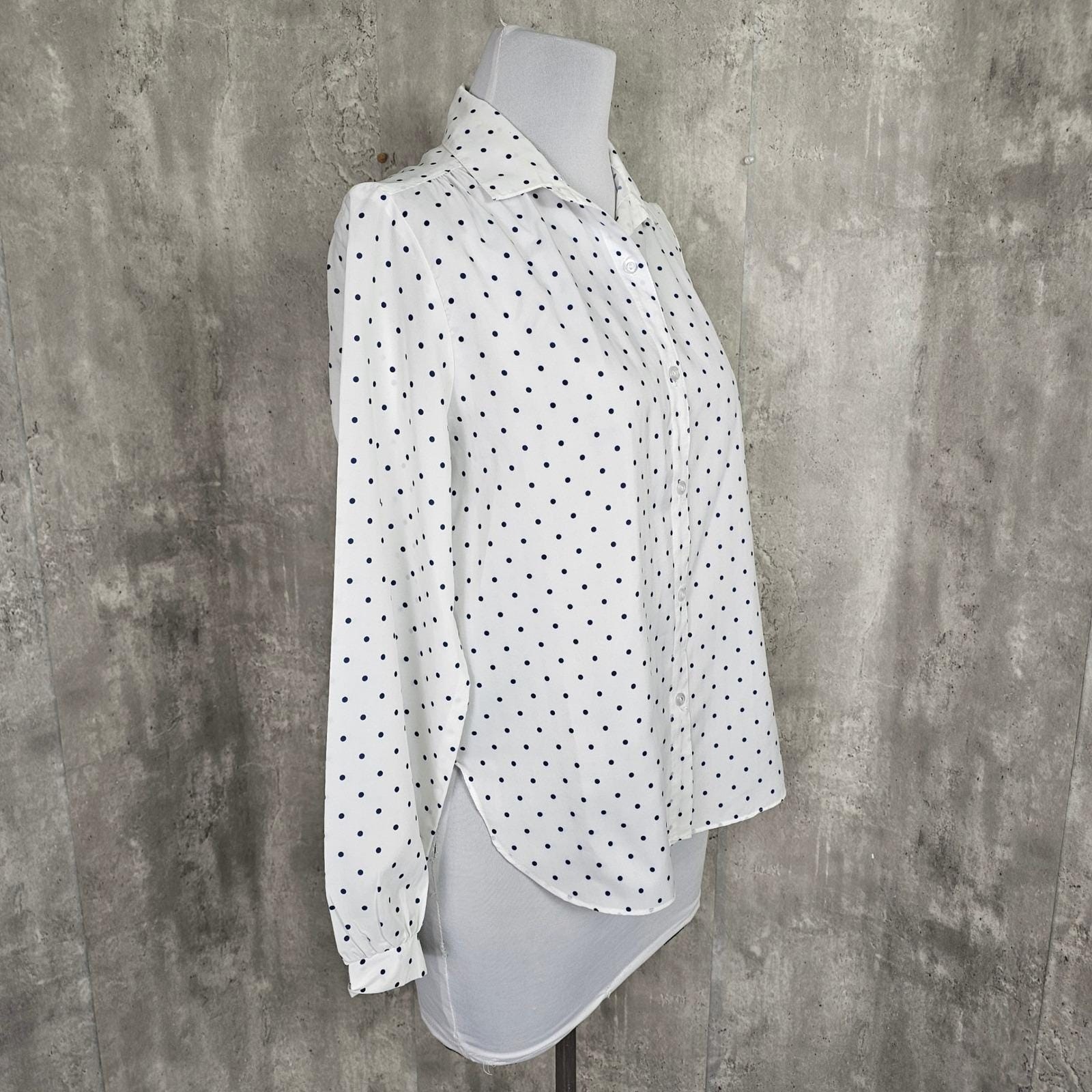 Vintage 80s 90s Lori of California L/XL Navy White Polka Dot Blouse Chic Casual