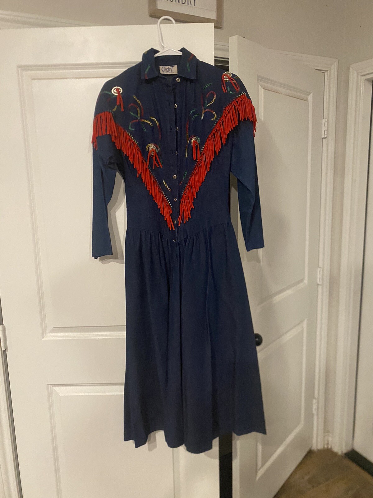 Vintage Circle T By Marilyn Lenox Jean Dress With Red Fringe Size S/M