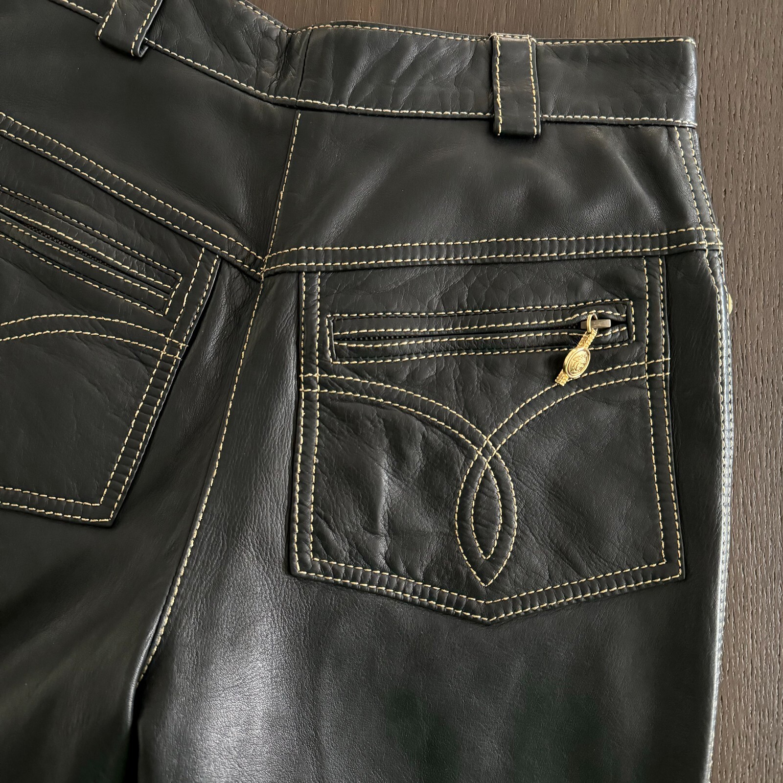 GIANNI VERSACE black leather pants w/ gold stitch size IT 42 from F/W 1992/93