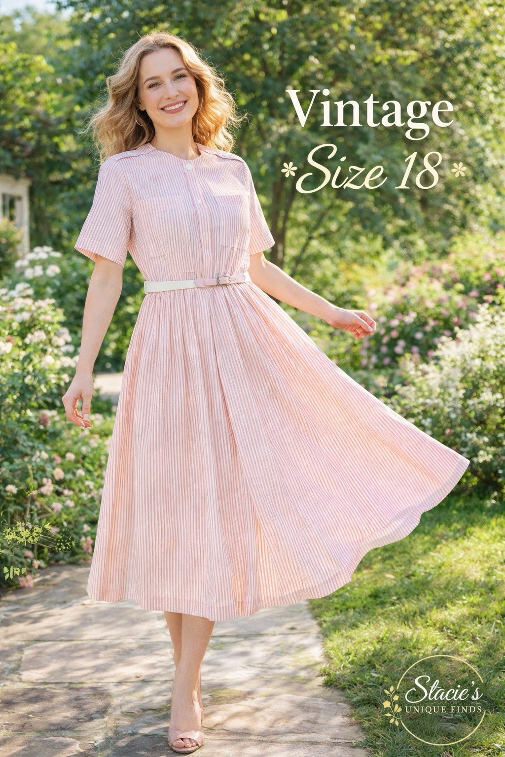 Vintage Pink White Striped Dress Belted Cottagecore USA Size 18