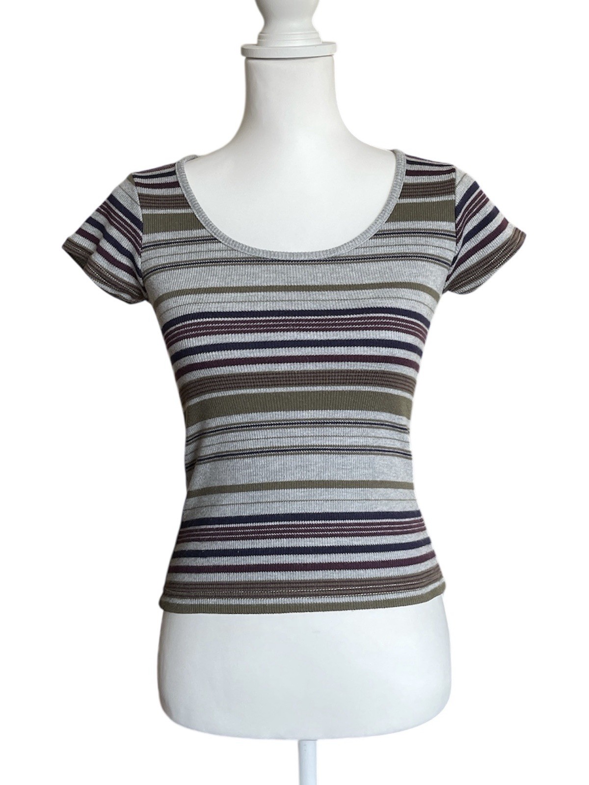 Vintage One Step Up Striped Ribbed Baby Tee Y2K 90s Grunge Scoop Neck Top S