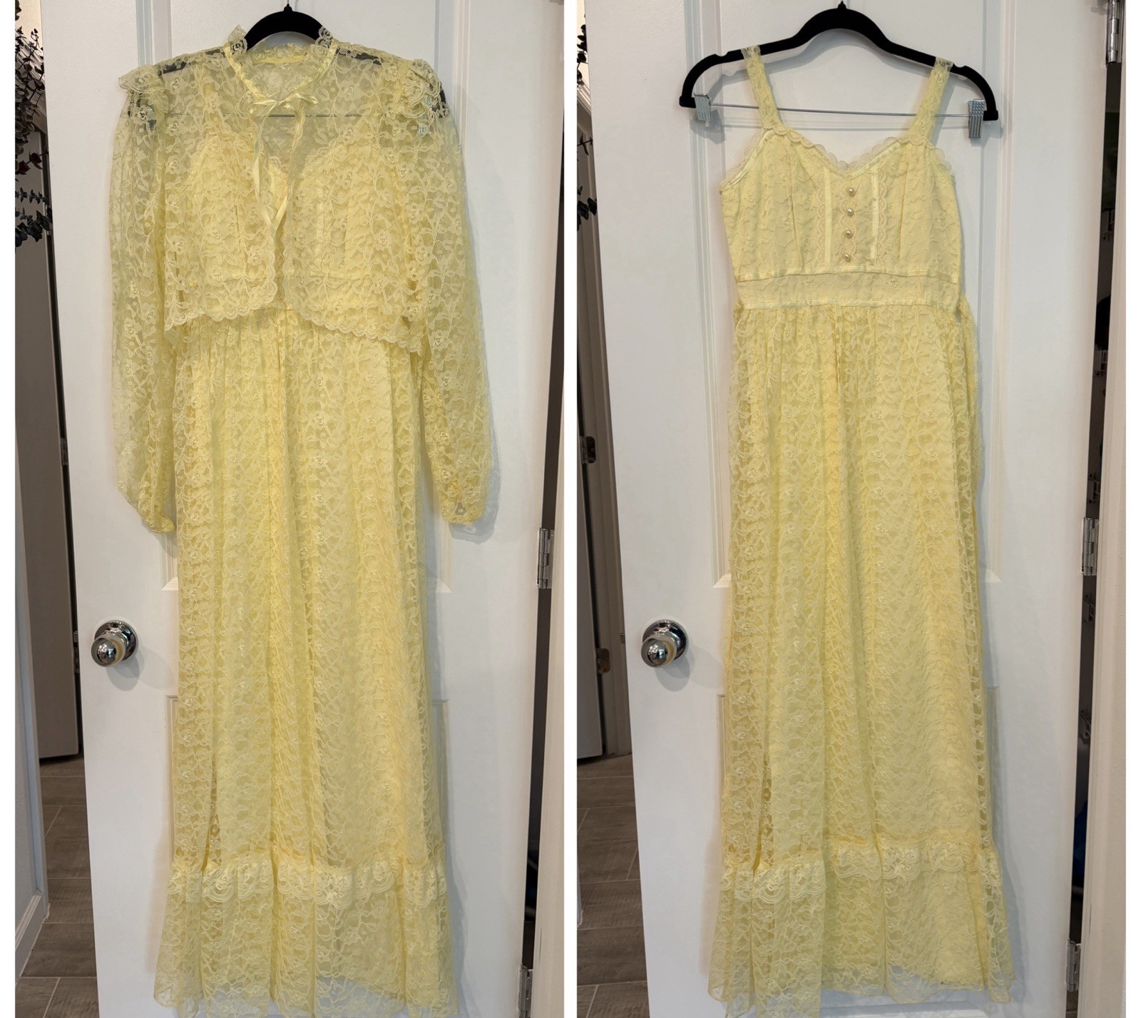 Women’s Vtg Yellow Maxi Dress Lace 2 Piece Set Size XS 70’s Prairie Croquette
