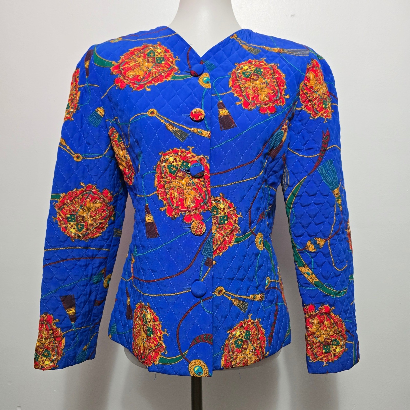 Tanner Vintage Quilted Jacket Royal Blue Equestrian Crest Print Size 6 Made