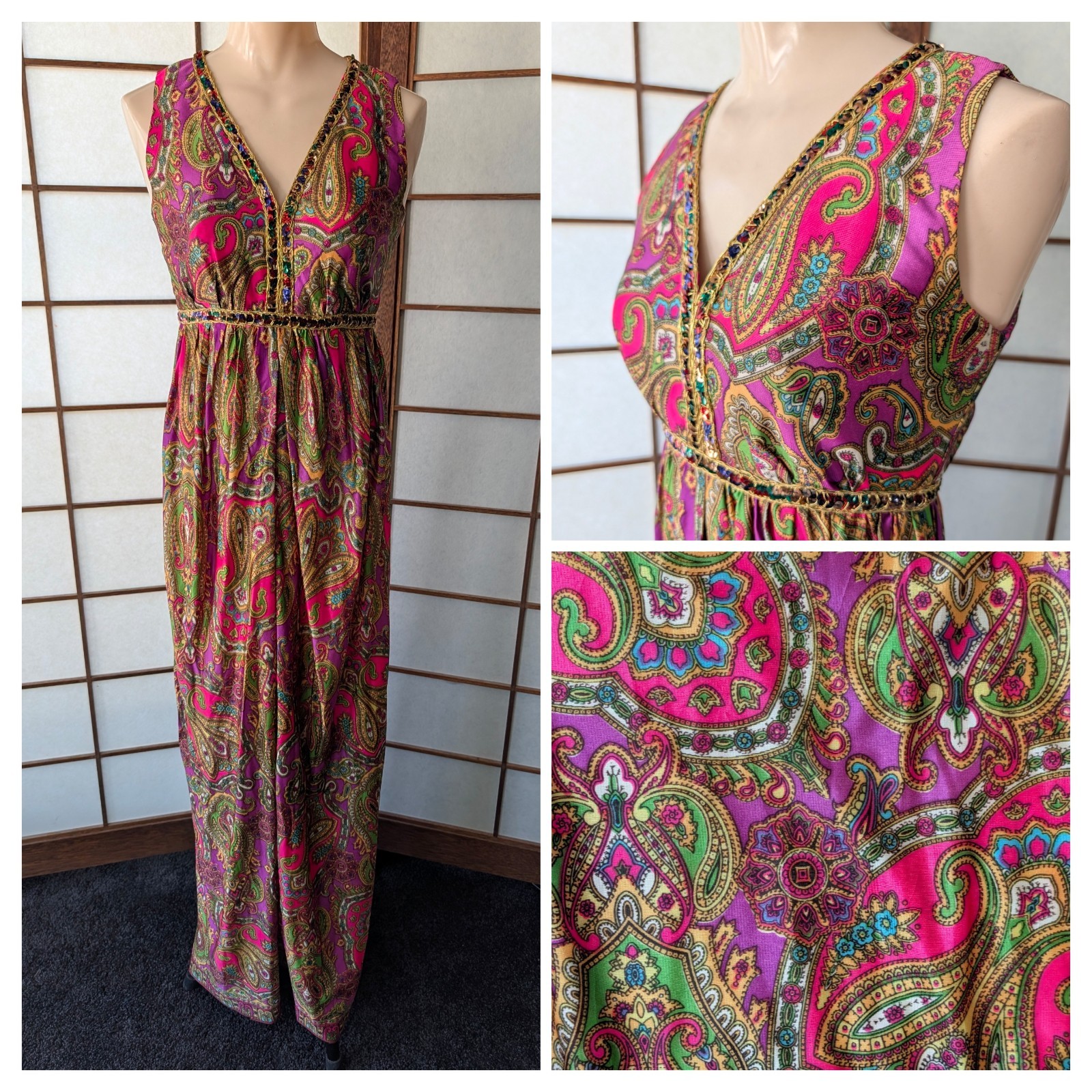 Vintage Vibrant Neon Paisley Jumpsuit Palazo Legs Sequins Psychedelic 1960s Smal