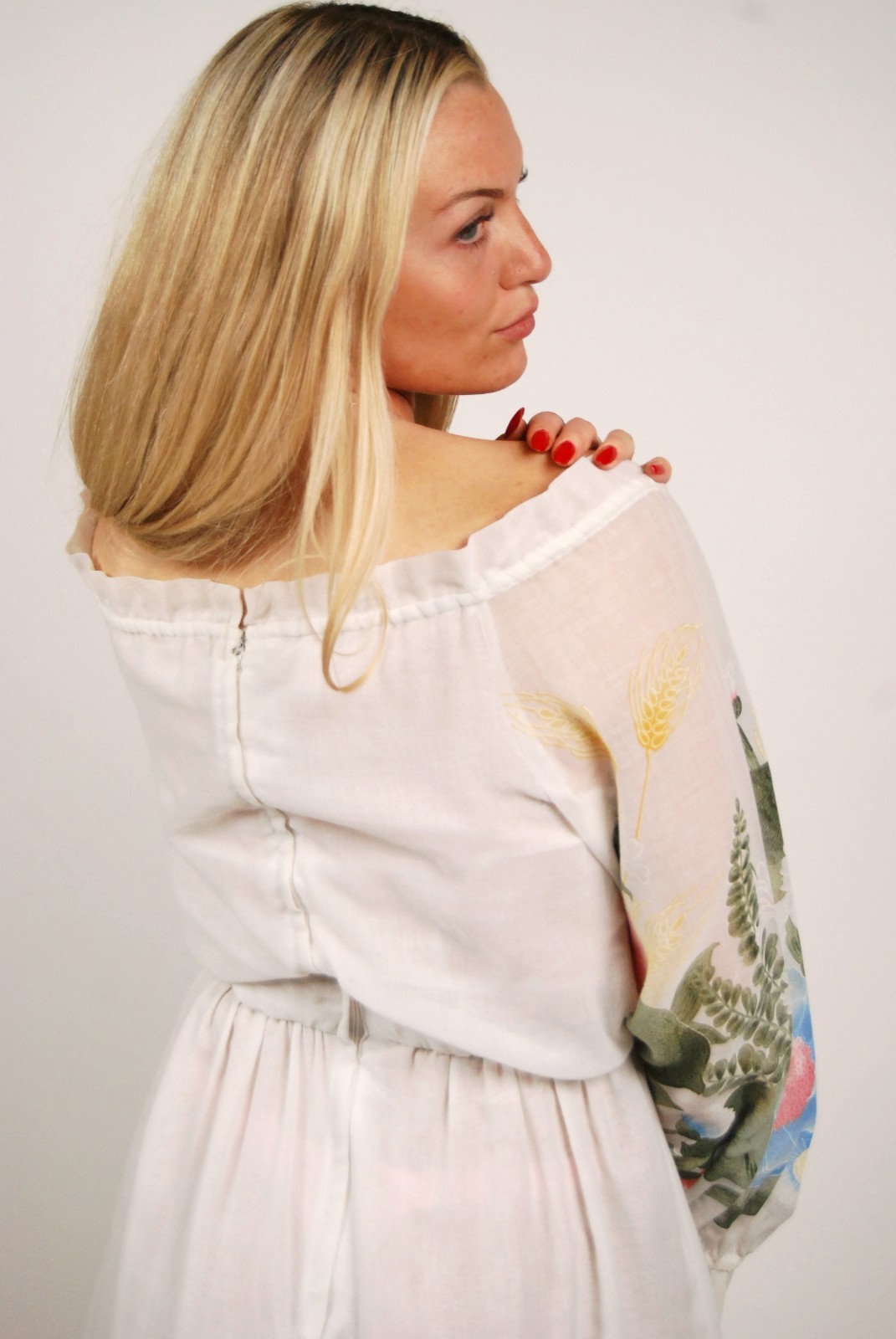 70s Off Shoulder Dress (M) medium white floral vintage boho hippy bell sleeve
