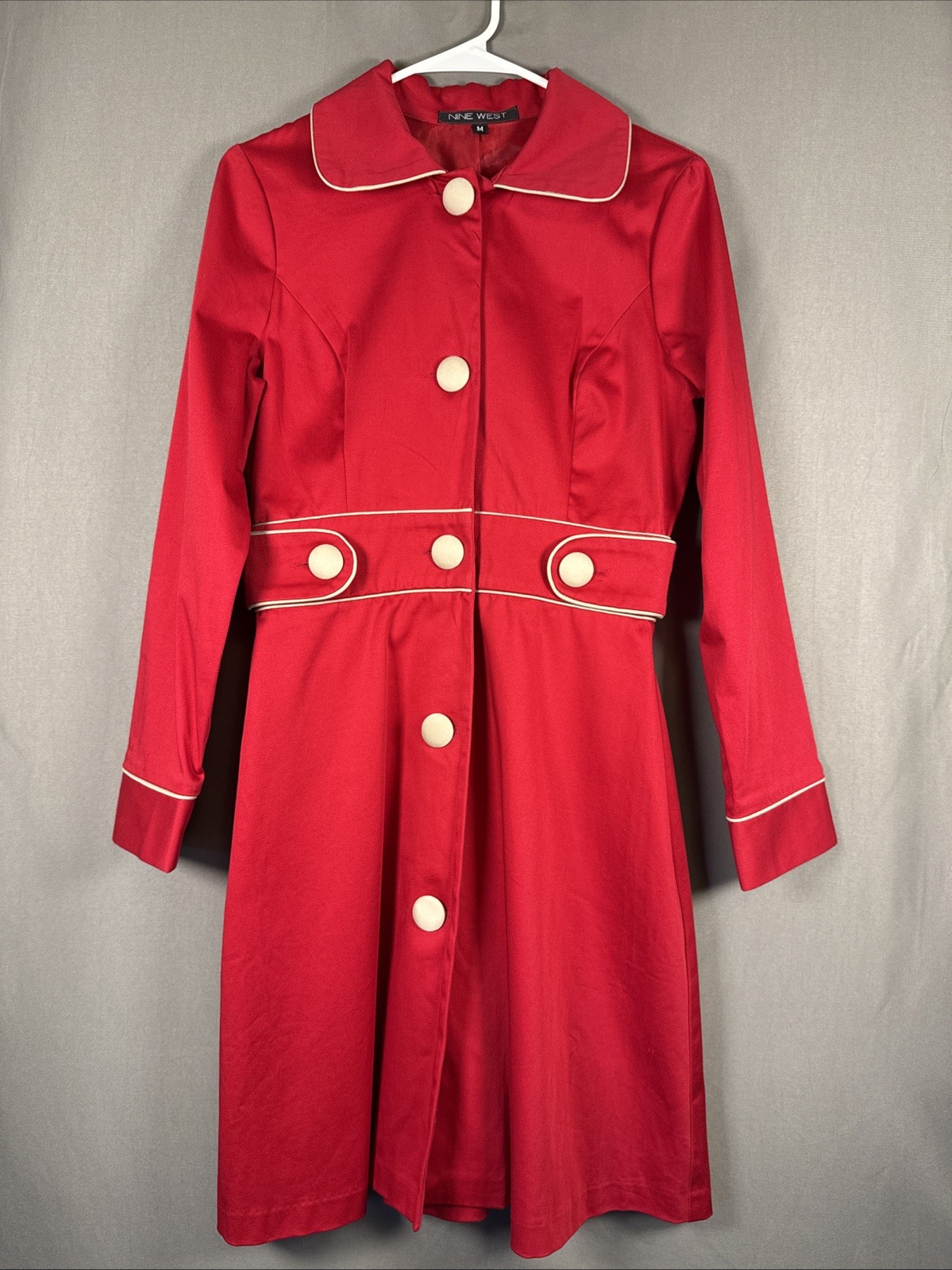 Vintage Nine West Red Button Front Dress Trench Coat Camel Trim Mod Medium