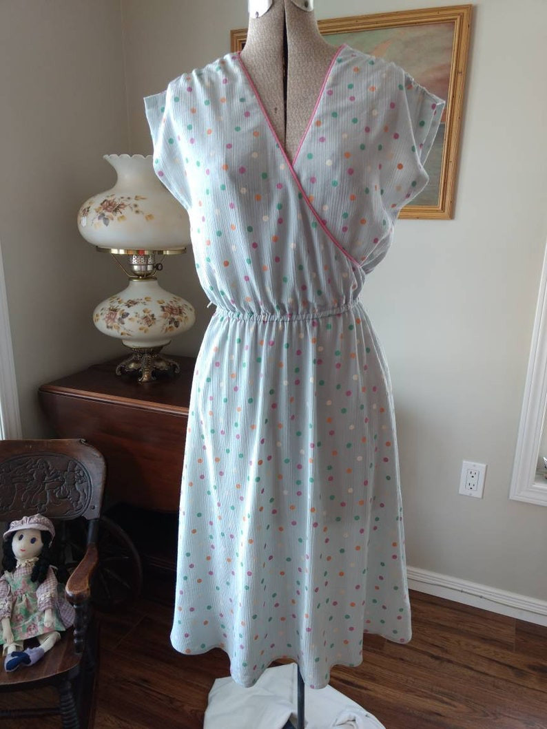 Vintage 80s Polka Dot Dress Gray Pink Green Orange White Crossover Bust