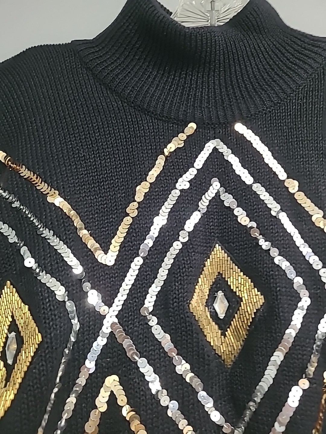 Vtg 80s I.B DIFFUSION WOMEN’S BLACK RHOMBUS SWEATER BEADED SEQUIN 52% Ramie Sz M
