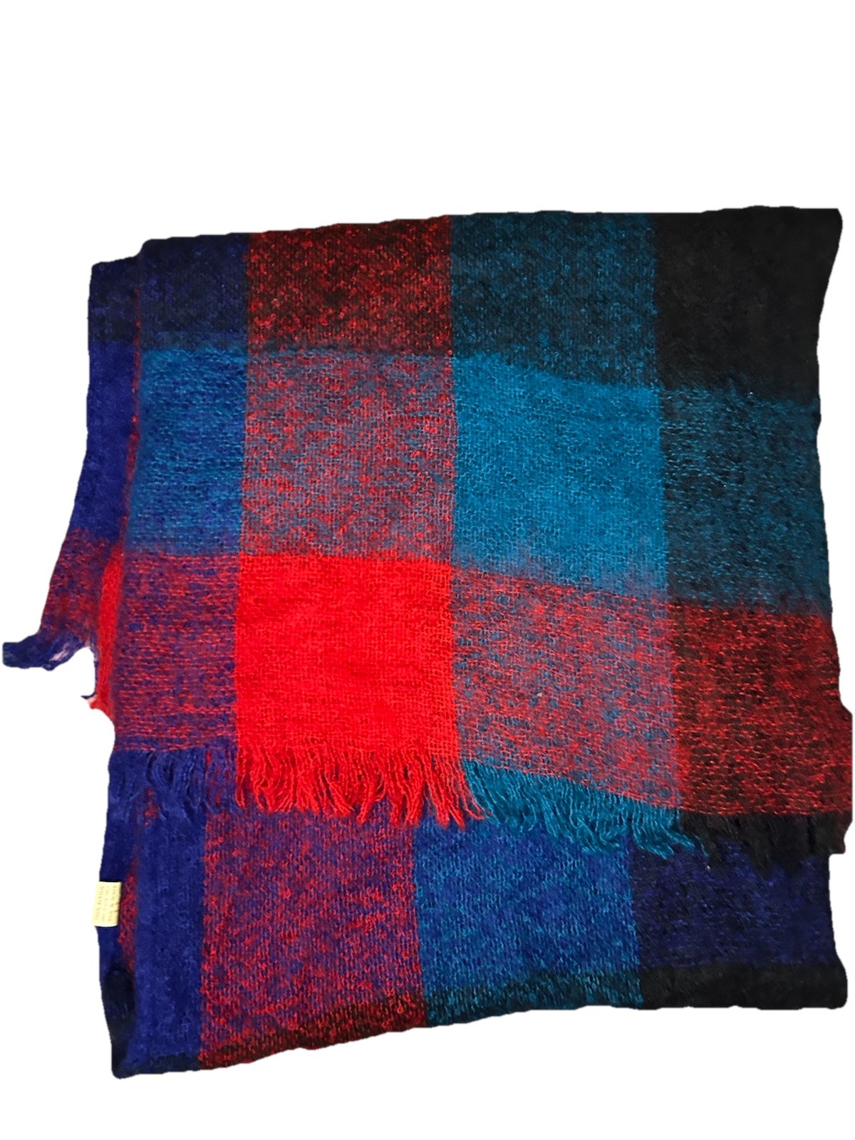 VTG Glentex Wrap Hijab Shawl Sweater Knit Boho Fringe Cape Poncho Red Blue