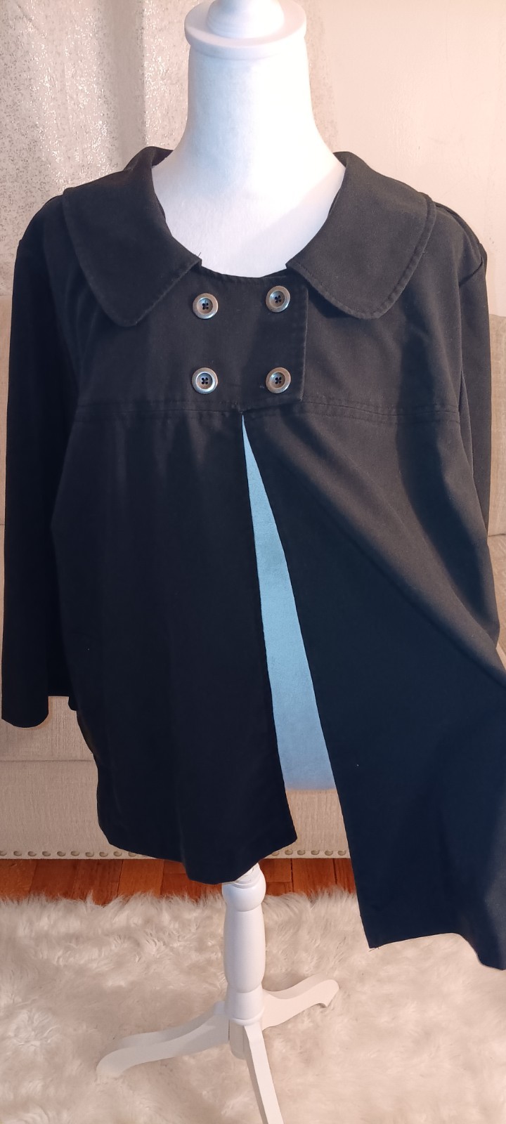 Avenue Black Double Breasted Swing Coat Teal Satin Lining Peter Pan Collar 20
