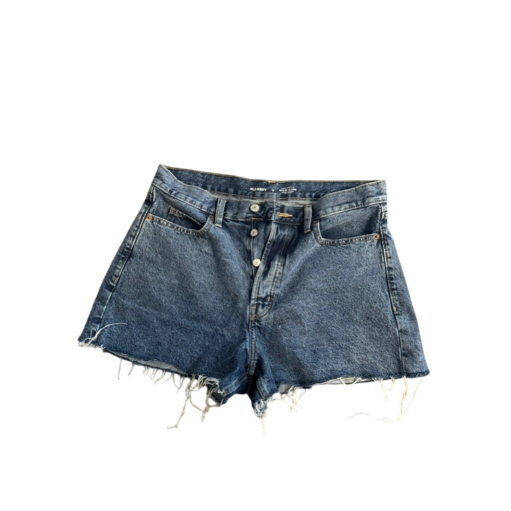 Old Navy Sky-Hi A-Line Denim Shorts Size 12 Button Fly Raw Hem Medium Wash