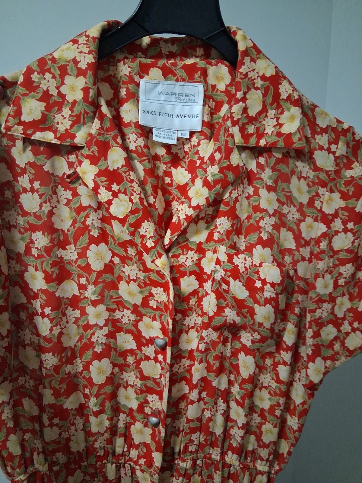 Vtg Warren Saks Fifth Ave Long Dress 10 Floral Buttons Relaxed A-line Short Sl.