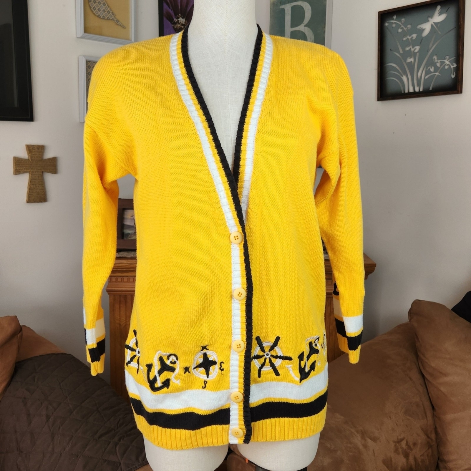 Vintage Austin Hill Yellow Nautical Themed Cardigan Sweater S/P