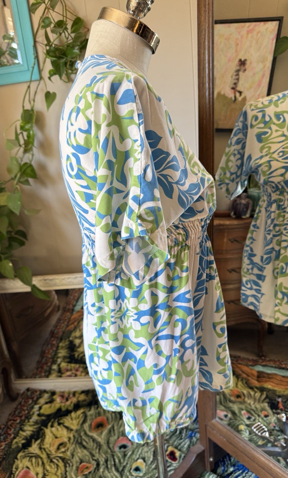 Strawberry Guava RJC Hawaii Vintage Smocked Empire Waist Blue & Green Tunic, XS
