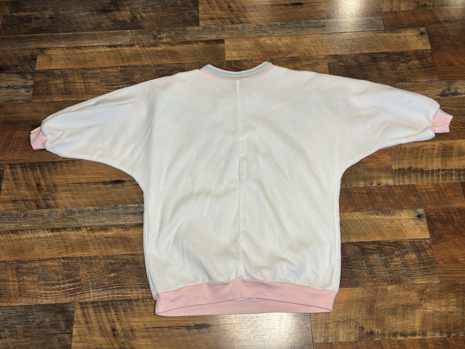Vintage 80s Crewneck White Ribbed Sweater Pastel Blue Pink Yellow Glitter W’s M