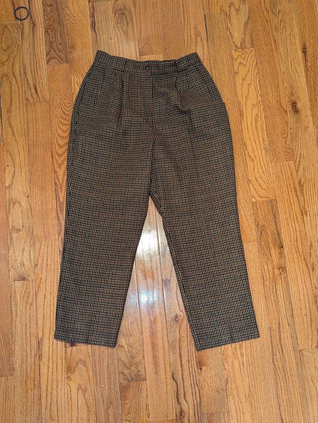Vintage Savannah Size 14P Wool Blend 80s Brown Red Green Houndstooth Dress Pants