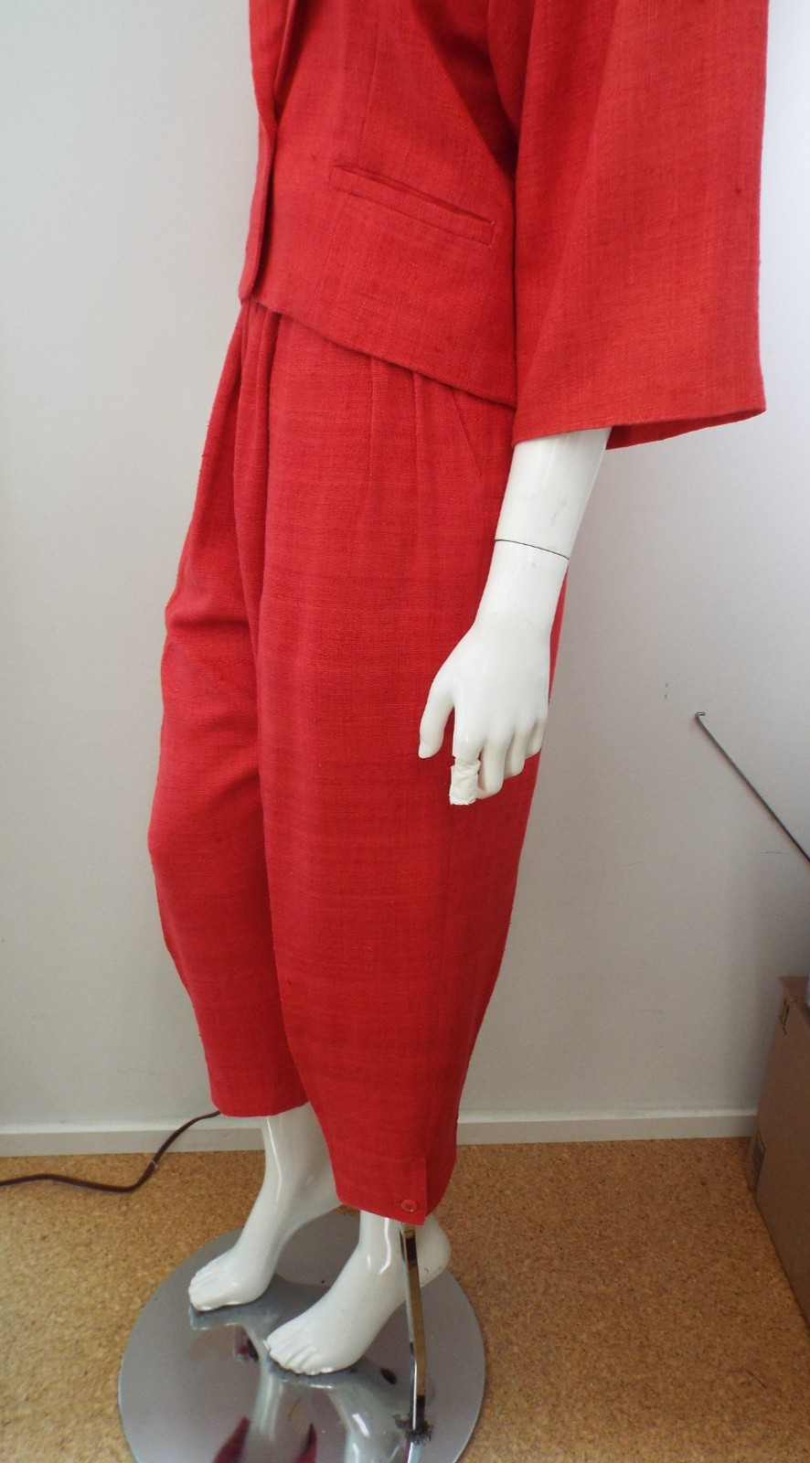 Vintage 1980s KENZO Red Silk Suit Cropped Blazer Jacket & Pleated Pants 38 Small