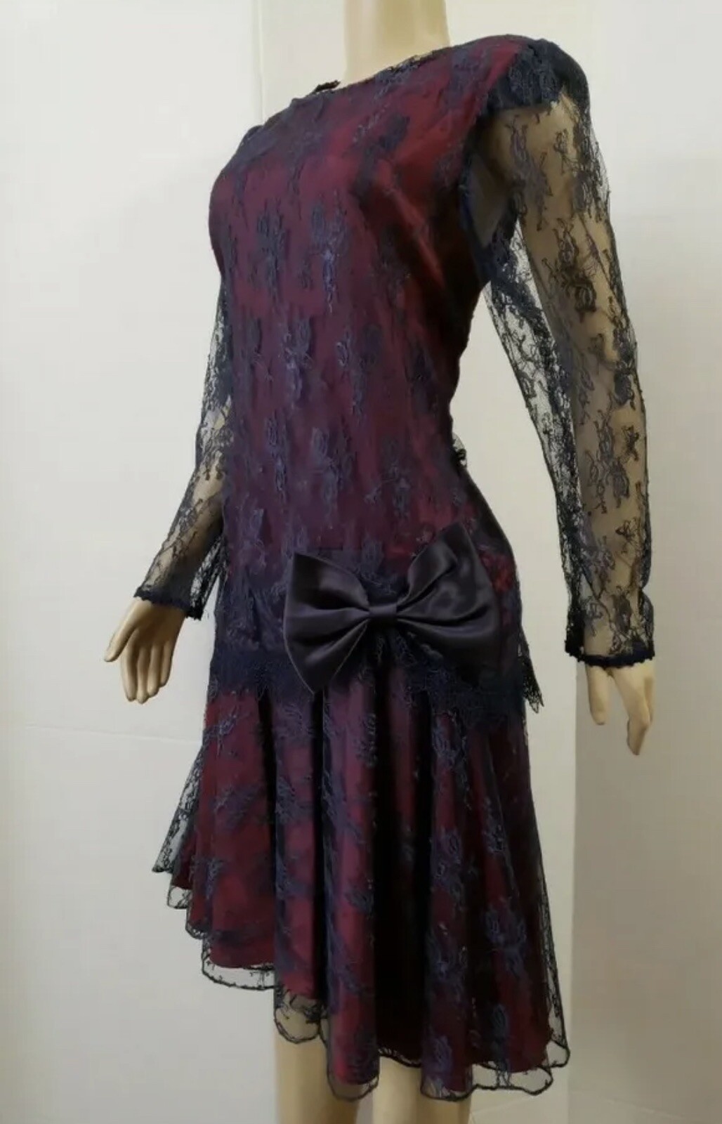 GILBERTI Victorian Vintage Navy Lace Dress 10 M L Goth Flapper 80s Midi Formal