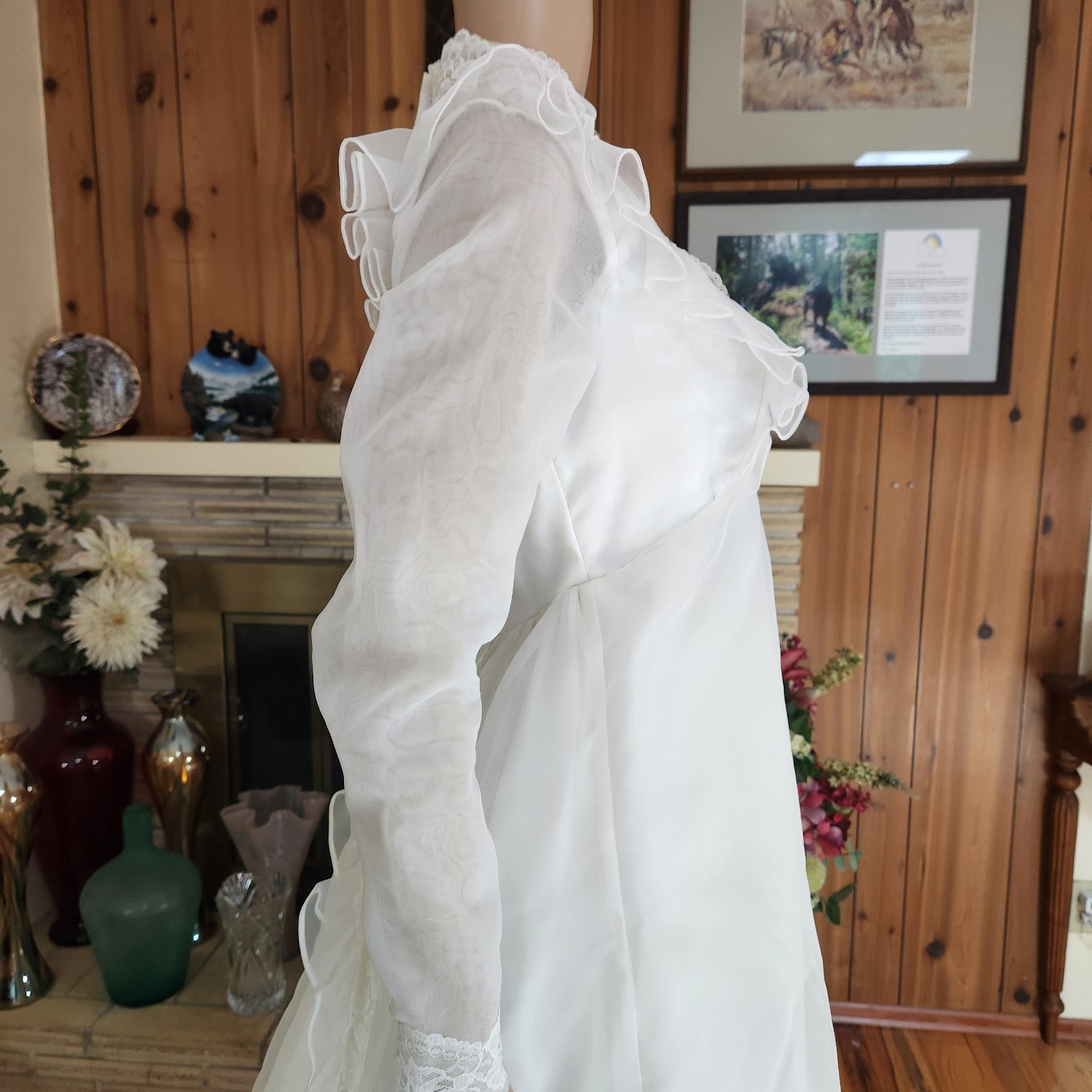 Vintage 70s Victorian Prairie Lace Wedding Gown & Veil Set