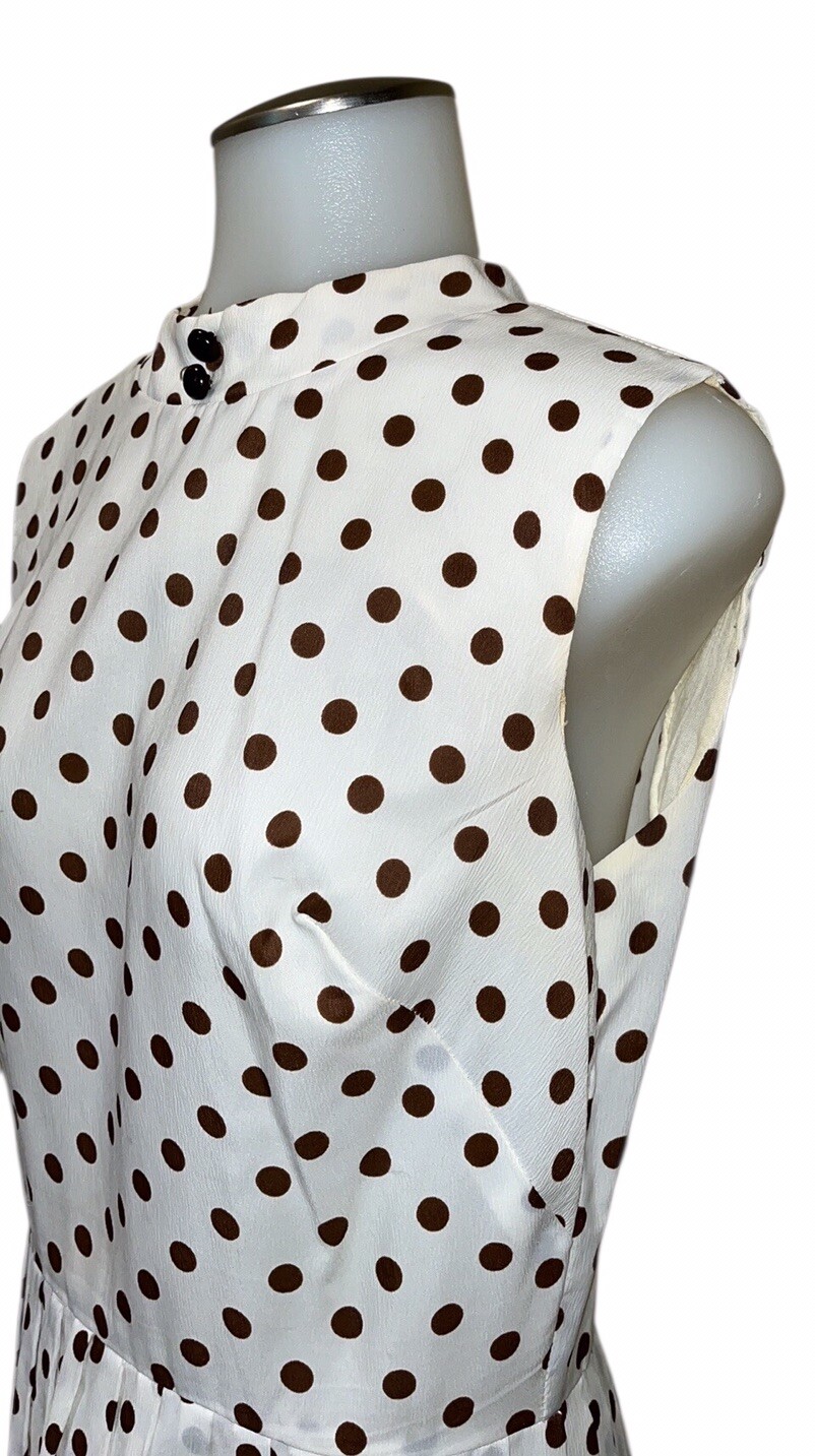 Vtg Alden’s Fashions MCM 70s Dress W/Pleated Skirt~Cream W/Brown Polka Dots~READ