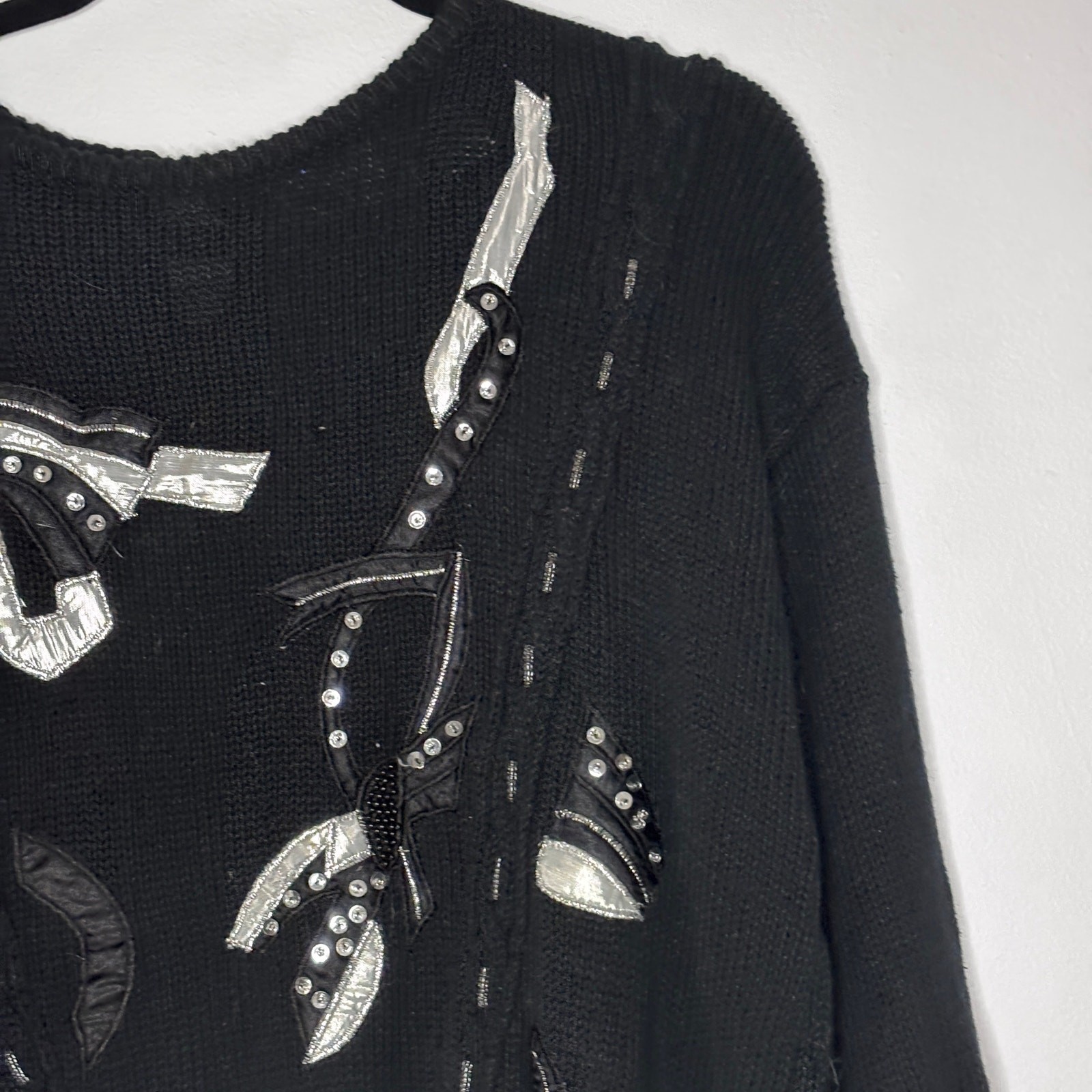 Vintage 1980s Shenanigans Black Sweater Appliqué Embroidery Beaded Mod Large