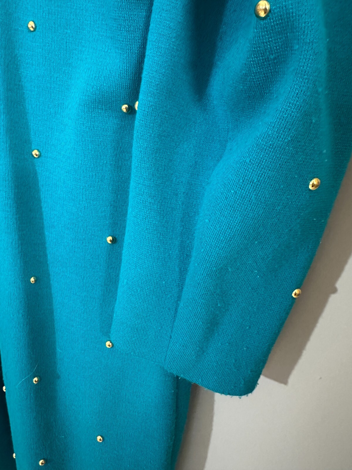 Vintage 80s Irresistible Sue Eng Sweater Dress Womens M/L Teal Knit Bead Scoop