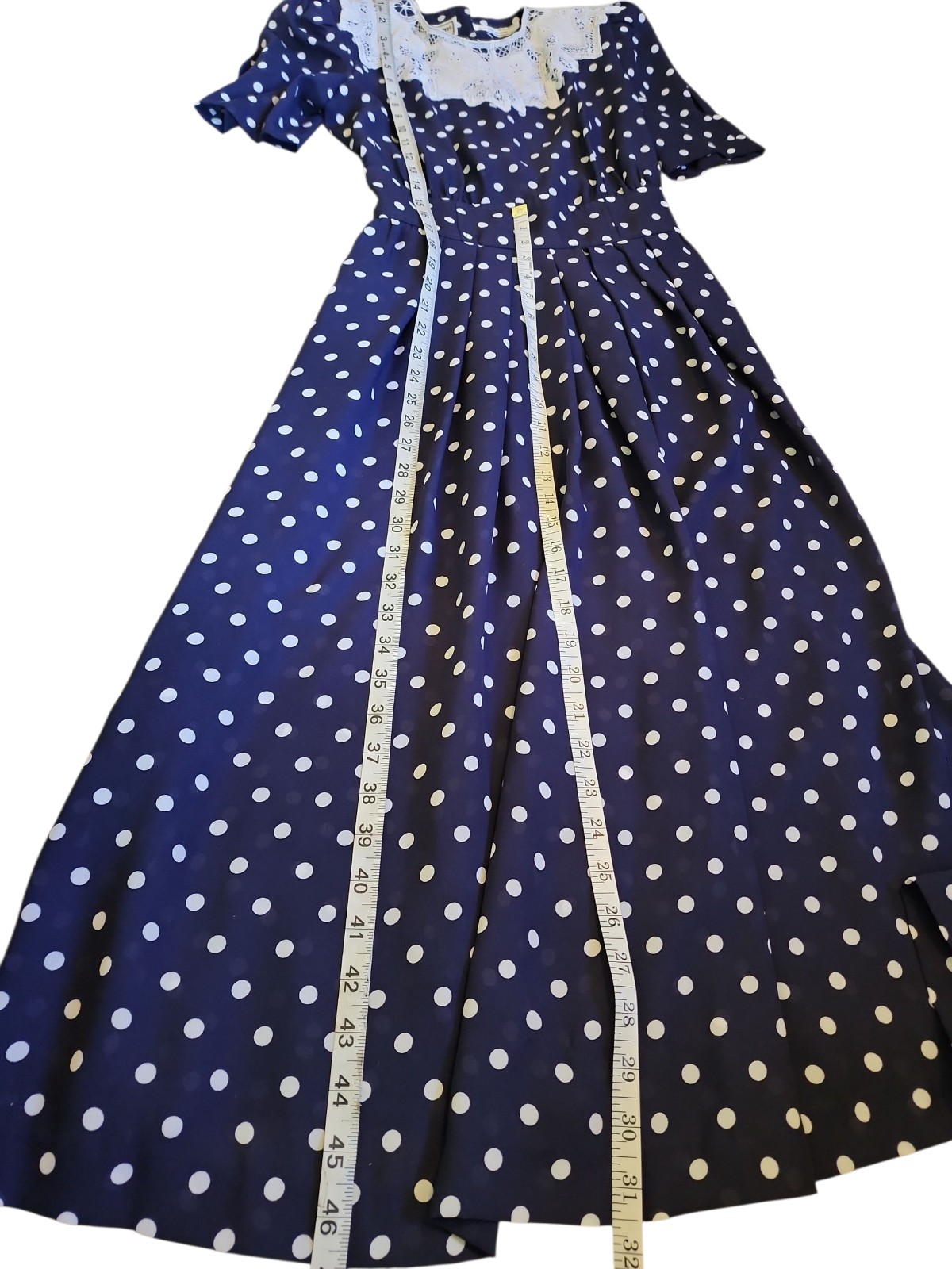 90s VTG KARIN STEVENS Cottagecore Modest Petites Polka Dot Pleated Midi Sz P8