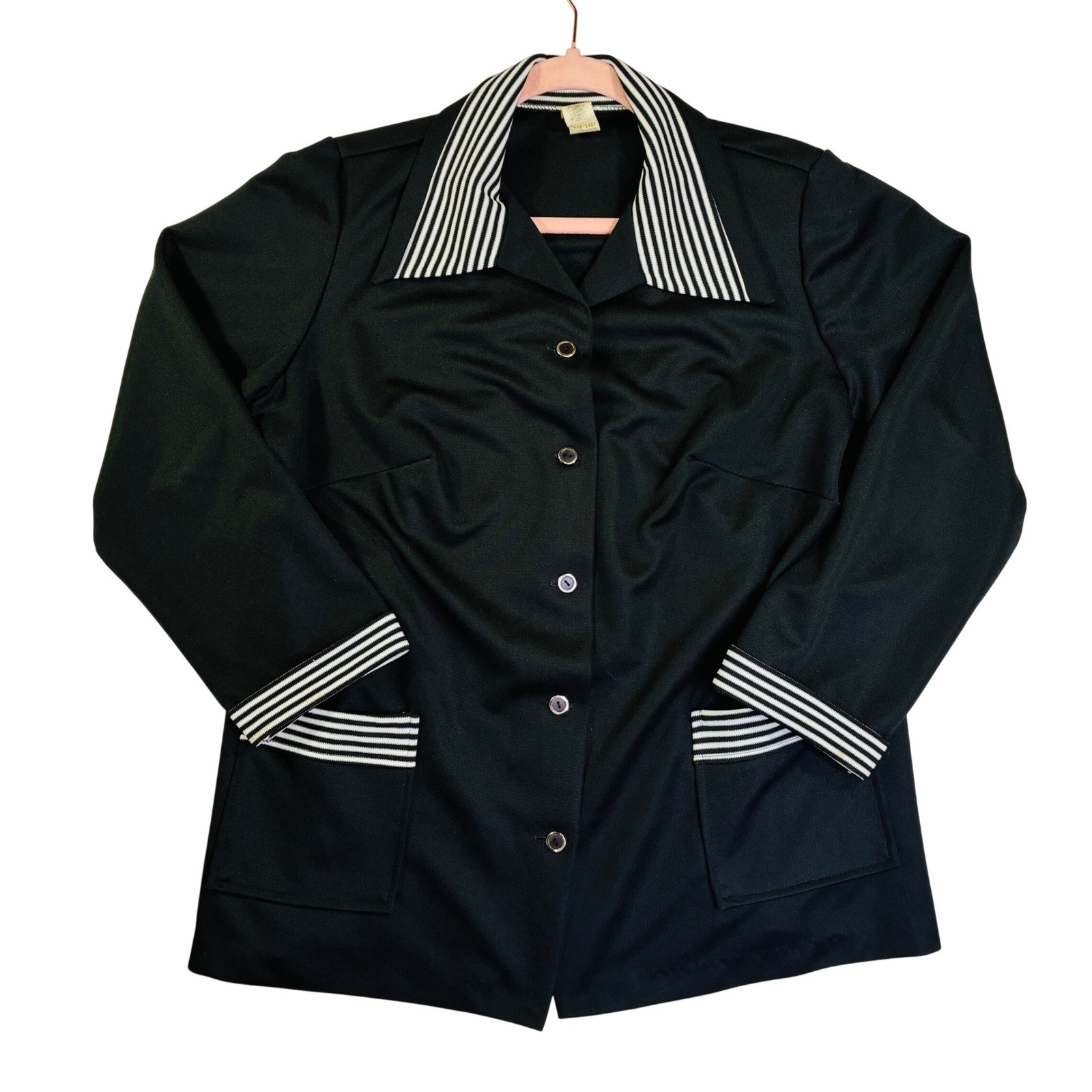Vintage 70s ILGWU Union Made Black Striped Nautical Mod Large Size 18.5