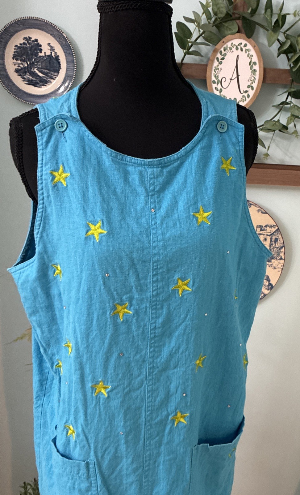Vintage Quaker Factory Large Aqua Blue Celestial Linen/ Rayon Dress Pocket