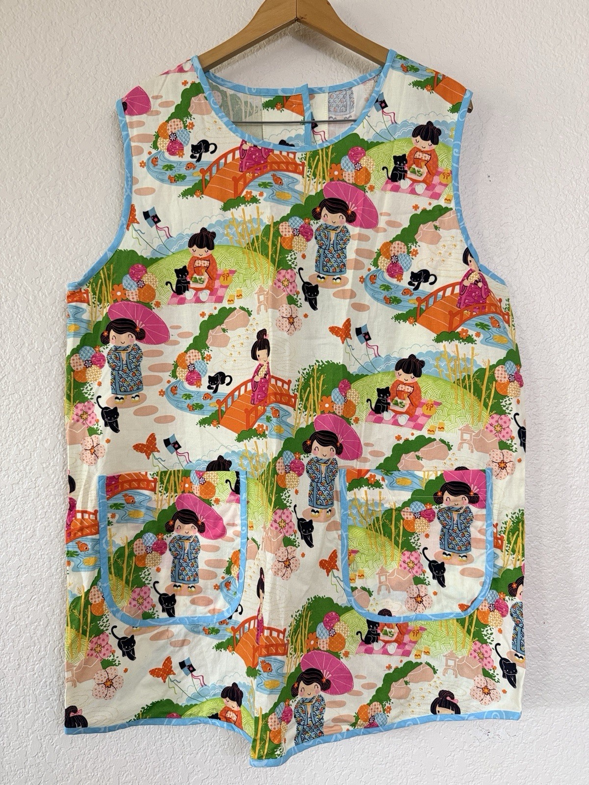 Vintage Handmade Japanese Kawaii XL Top Smock Novelty Print Open Back Cotton New