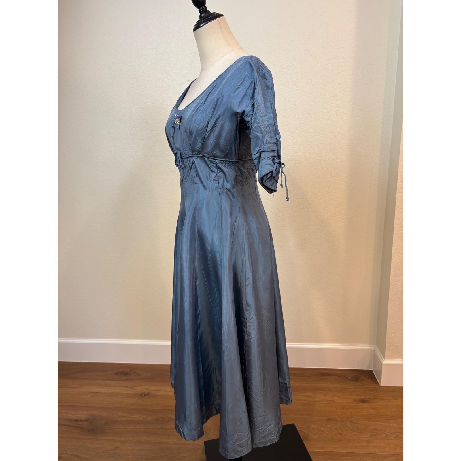 Vtg 50s Dress S Blue Taffeta Rhinestone Mid Century Cocktail Party Rockabilly