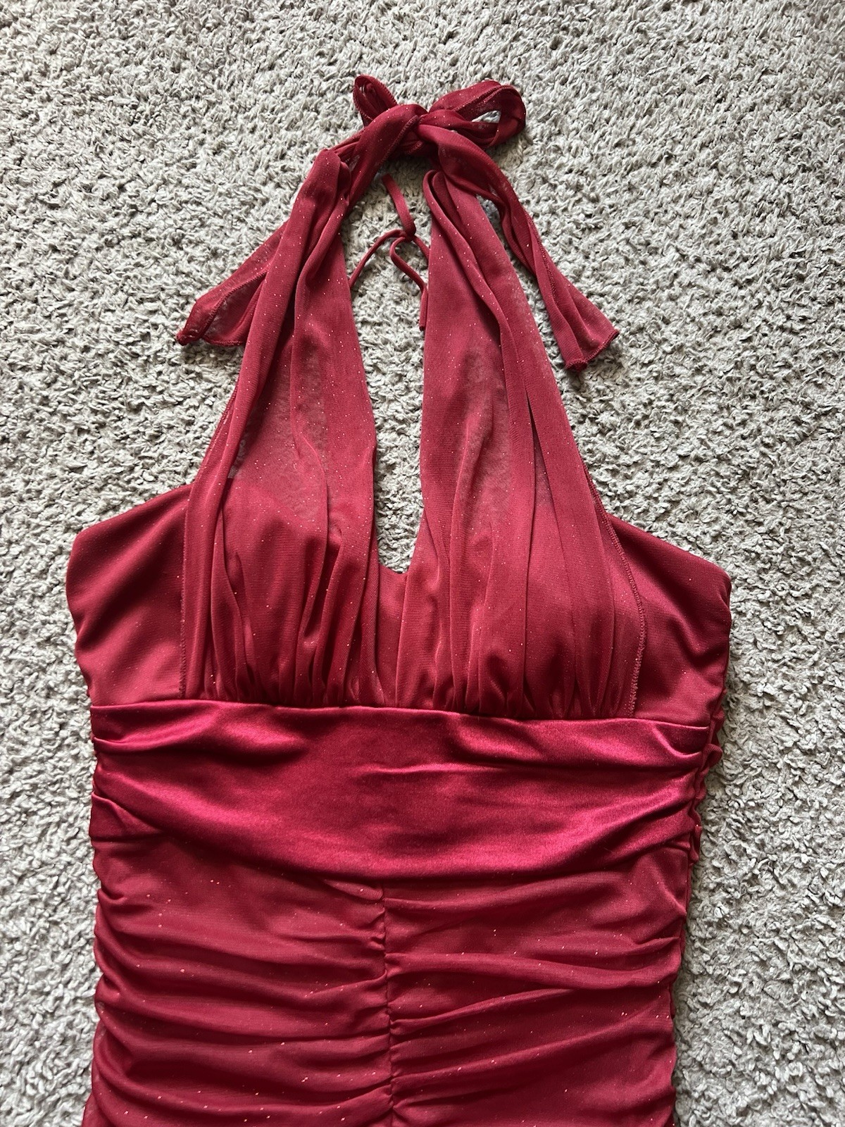 Y2K 2000s Taboo Dress Large Red Glitter Halter Mini Ruched Cocktail Party Club