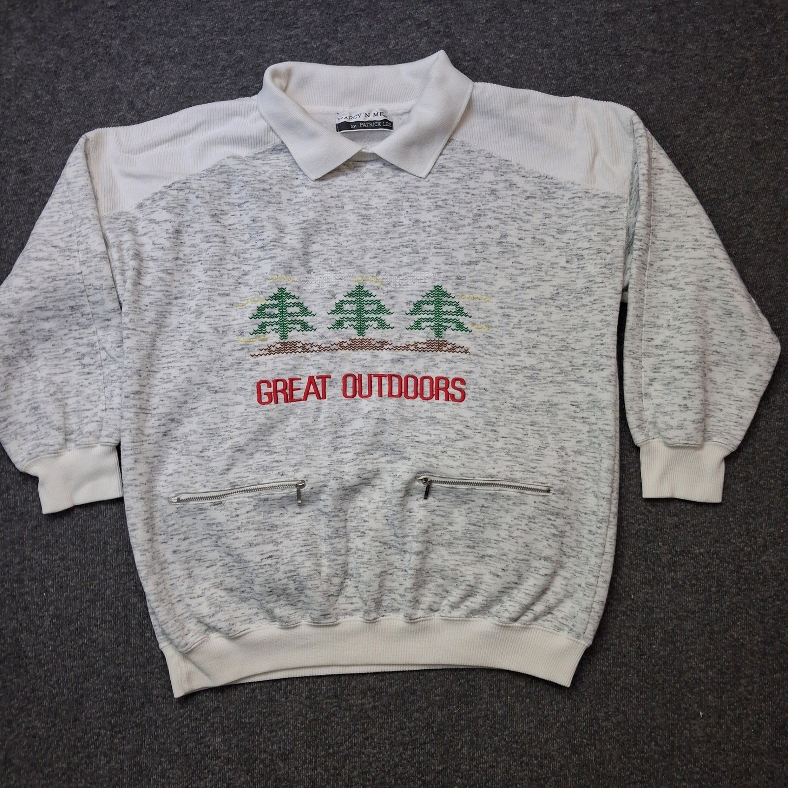 Marcy N Me Patrick Lee VTG Great Outdoors Sweatshirt Grey White Zipper Pocket