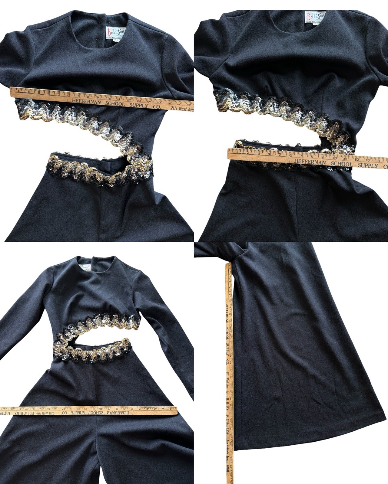 Vintage 60s 70s Bobbi Sue Black Disco Palazzo Jumpsuit Cut Out Bell Bottom AS IS