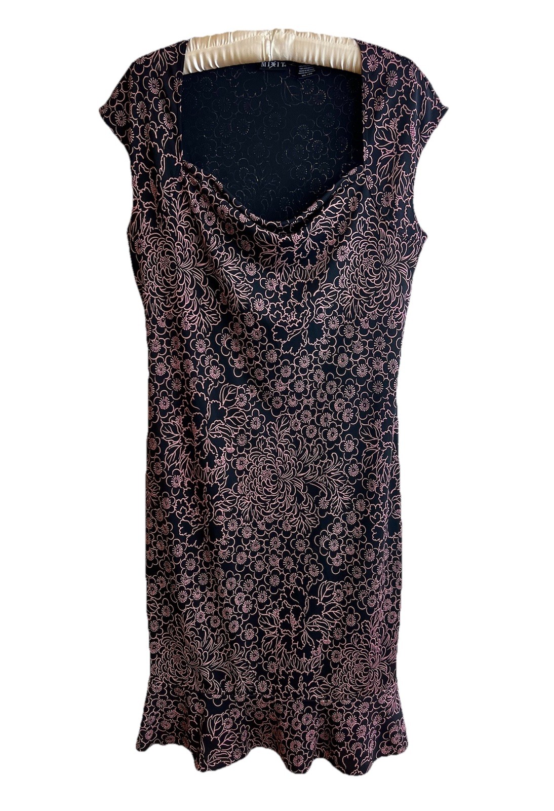 Vtg Y2K Midi Dress Sz L Black/Pink Floral Asian Inspired Ruffle Hem Drape Neck