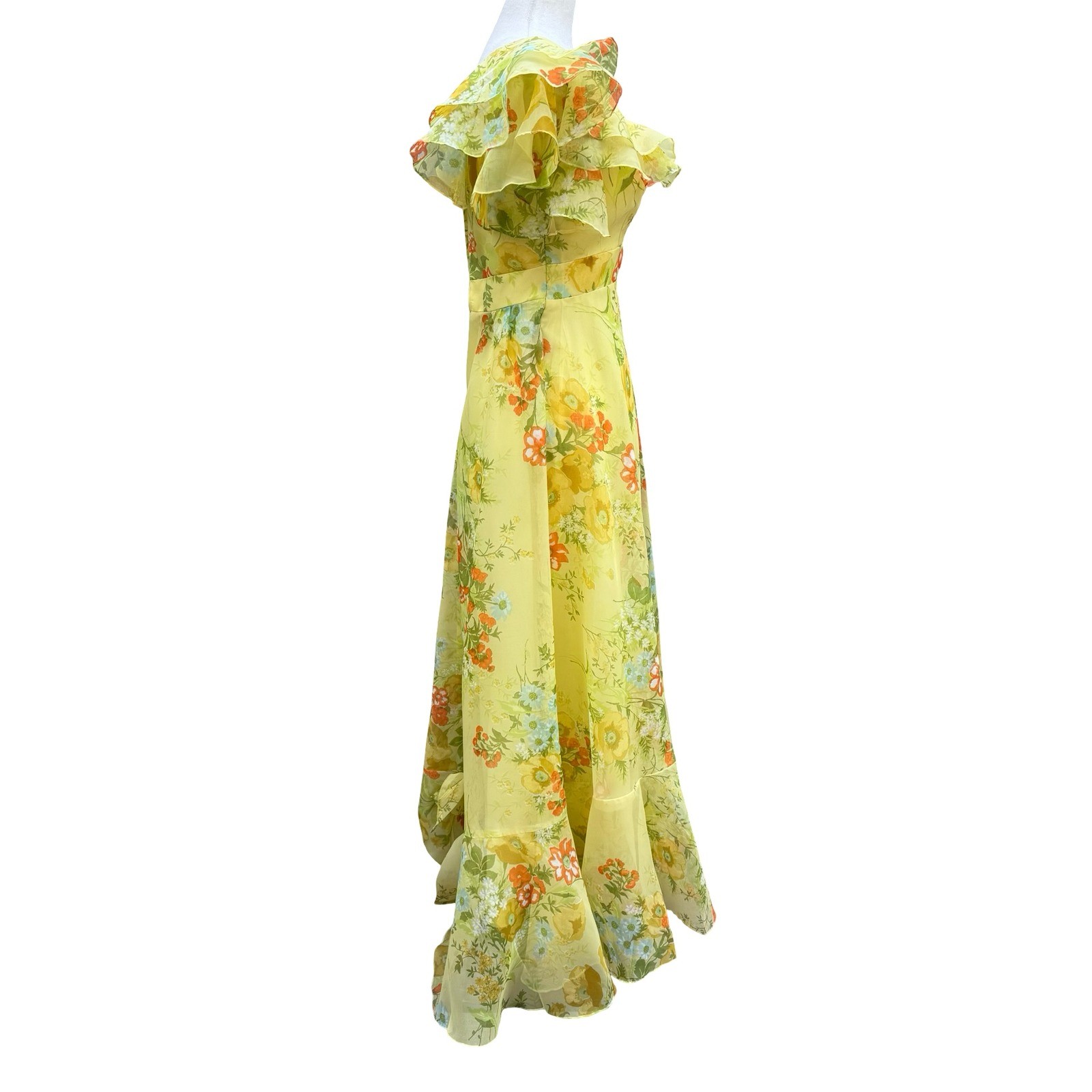 Vintage 70s Butter Yellow Floral Cottagecore Chiffon Ruffle Tiered Maxi Dress XS