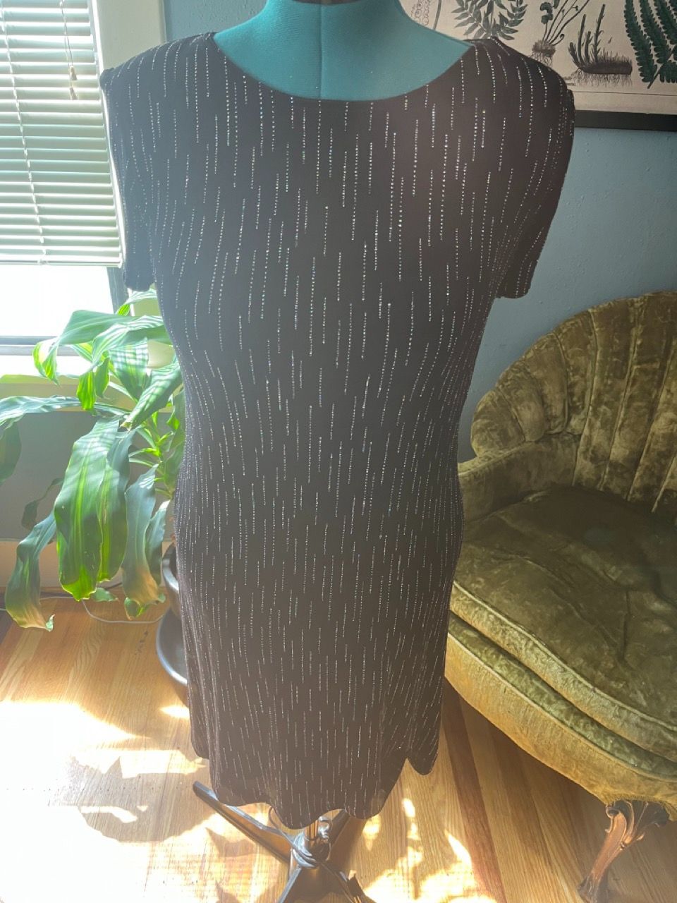 Vintage 90s Black Tee-Style Dress with Dazzling Glitter in Lines Throughout