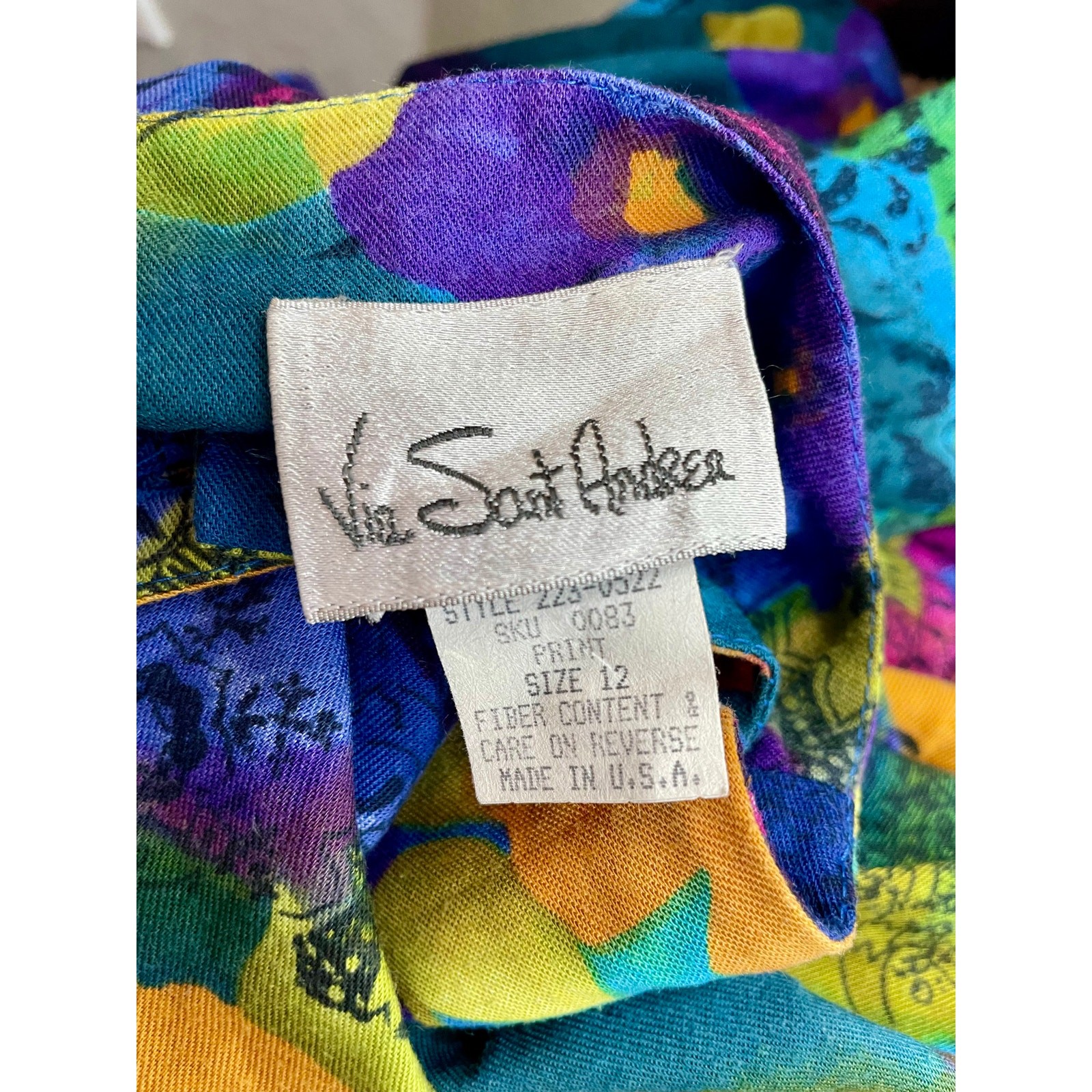 Vintage 80s Via Sant Andrea Dress Vibrant Multicolor Floral Geometric Size 12