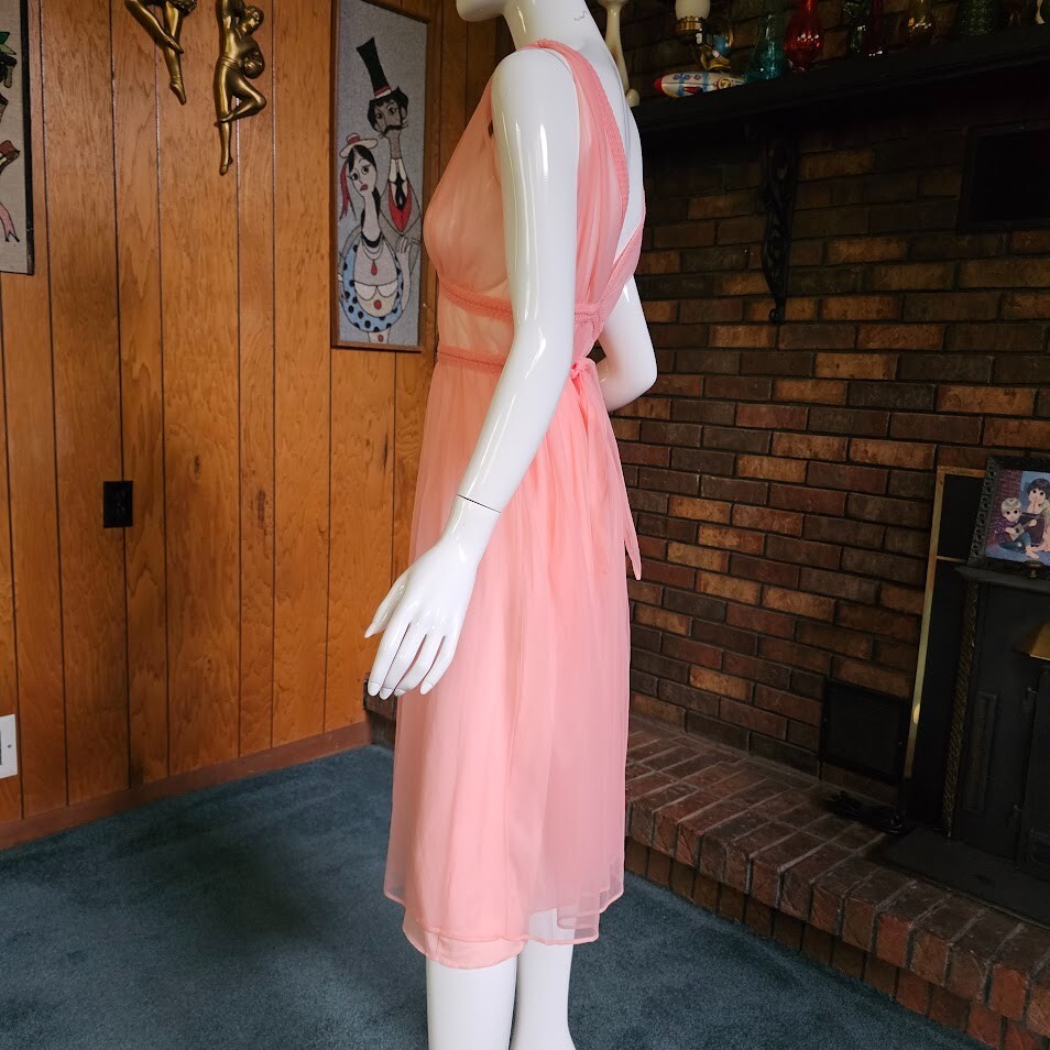 Vtg 60s Candy Pink Sheer Double Chiffon Grecian Pinup Nightie Pajama Dress S/M