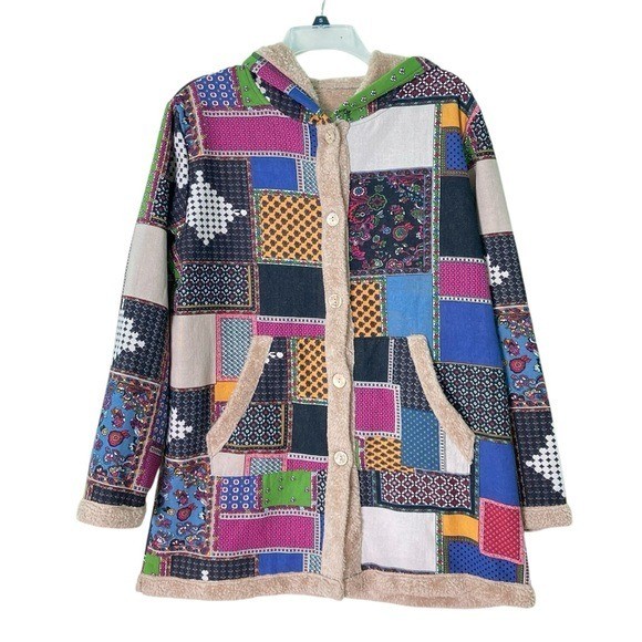 Hippy Patchwork Coat Faux Fur Lined Hooded Multi-Colored Pockets (Size XXL)