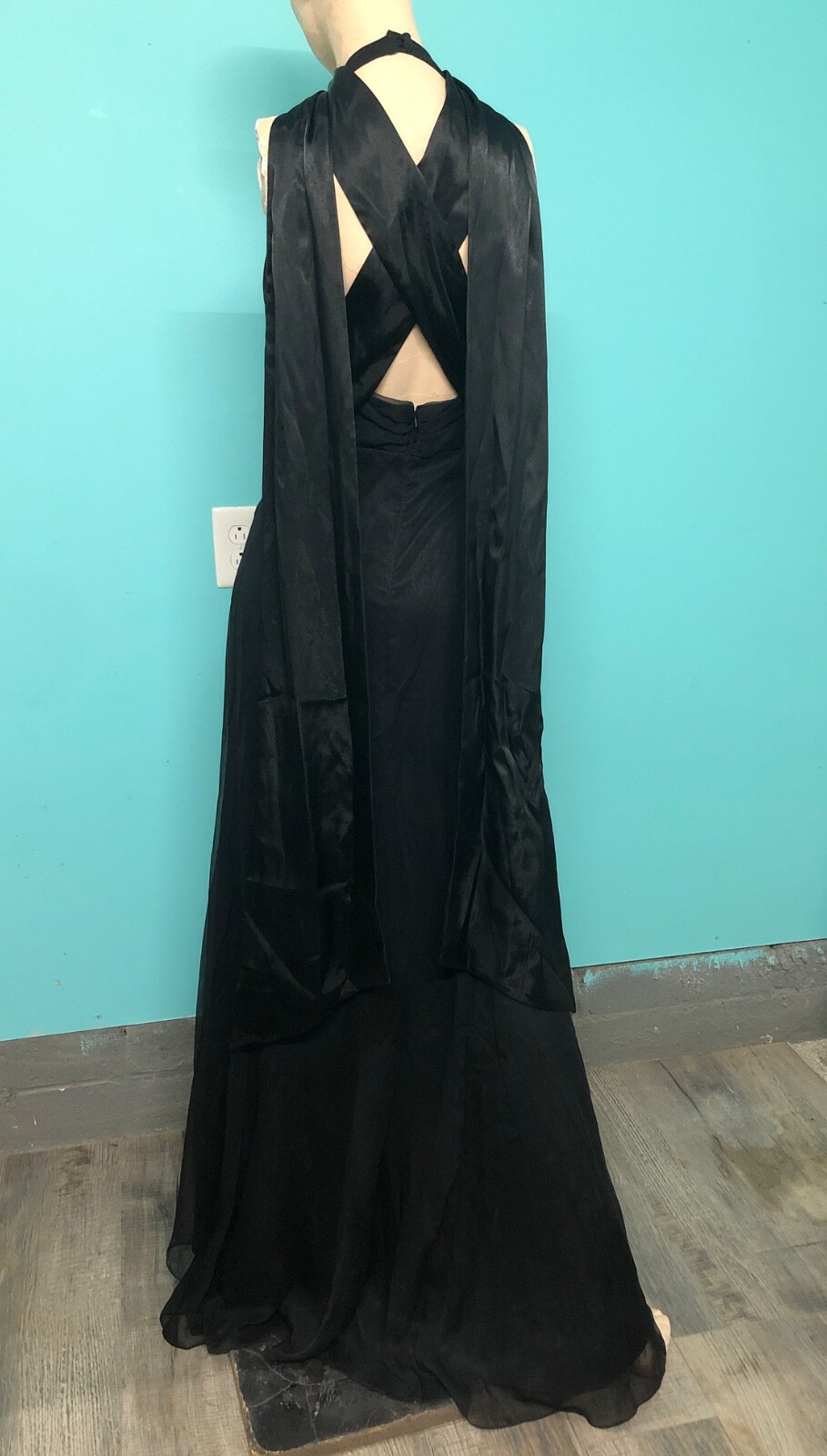 VTG Y2K WATTERS/WATTERS Black Halter Chiffon Satin Mermaid Evening Formal Gown~8