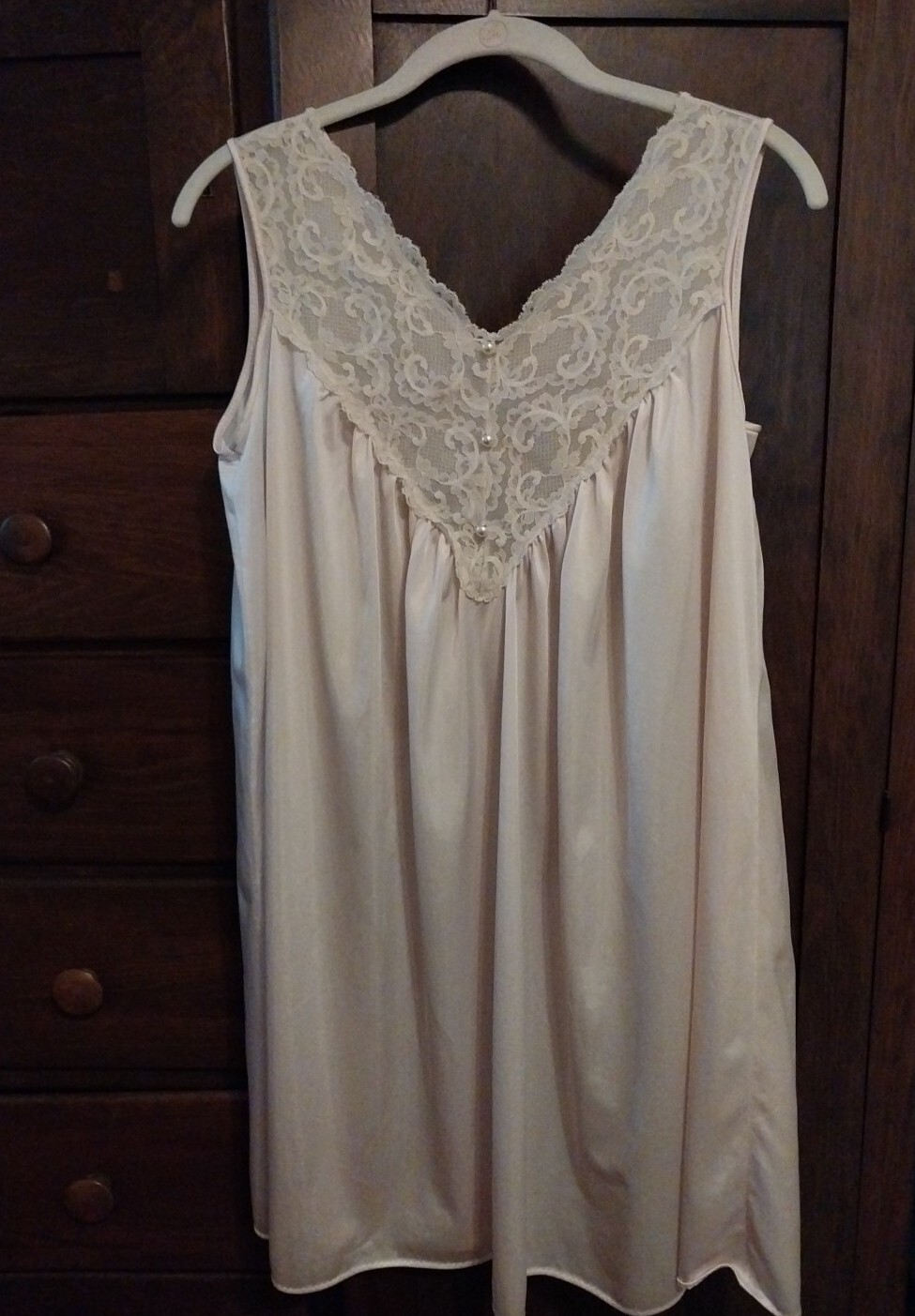 Vintage Lingerie Nightgown Lace Soft Pink Faux Pearl Buttons L Flowy Knee Lngth