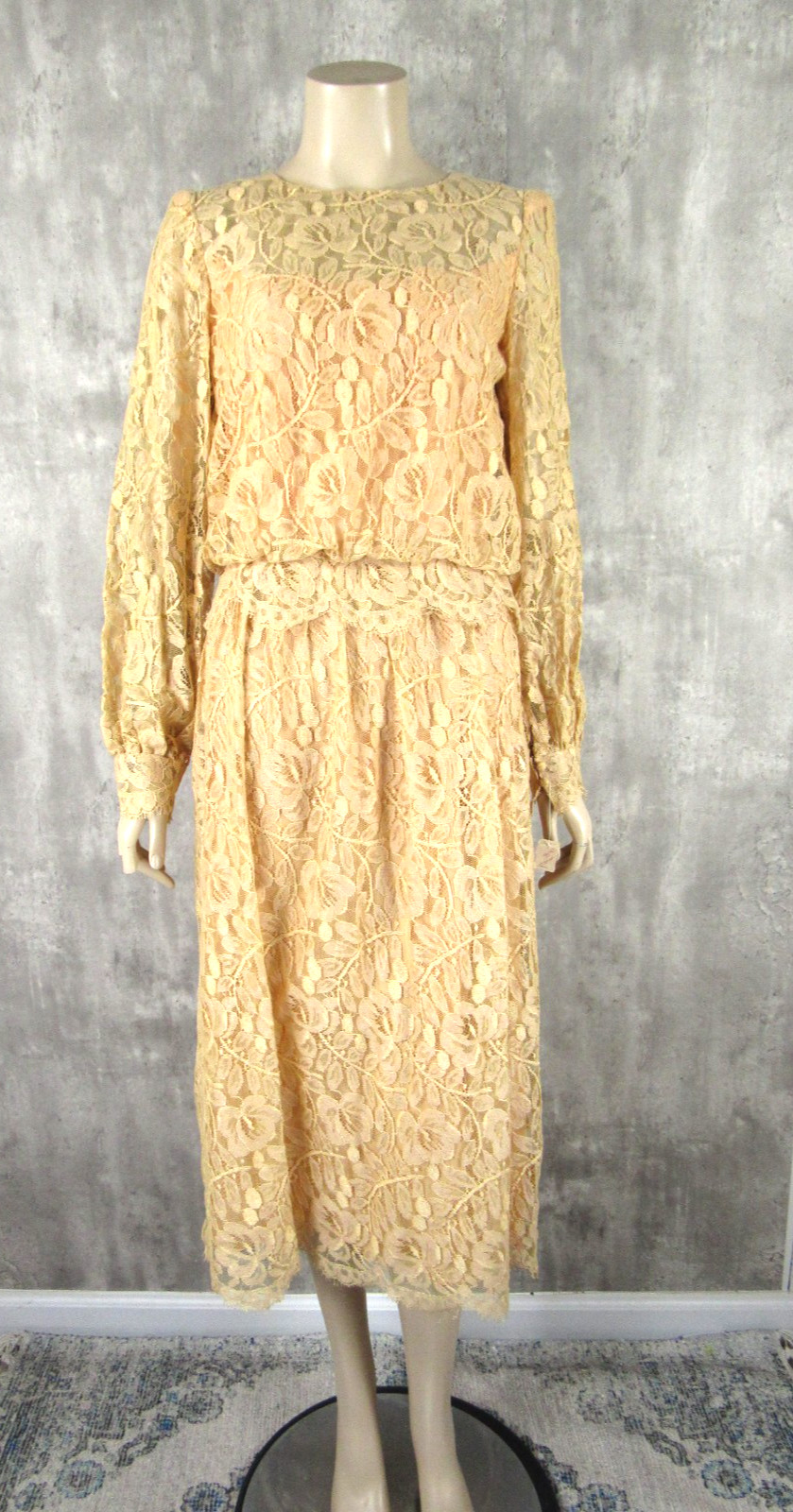 Vintage 80s NOS Peach Eyelash Lace Taffeta Midi Peplum Blouson Tea Dress NWT