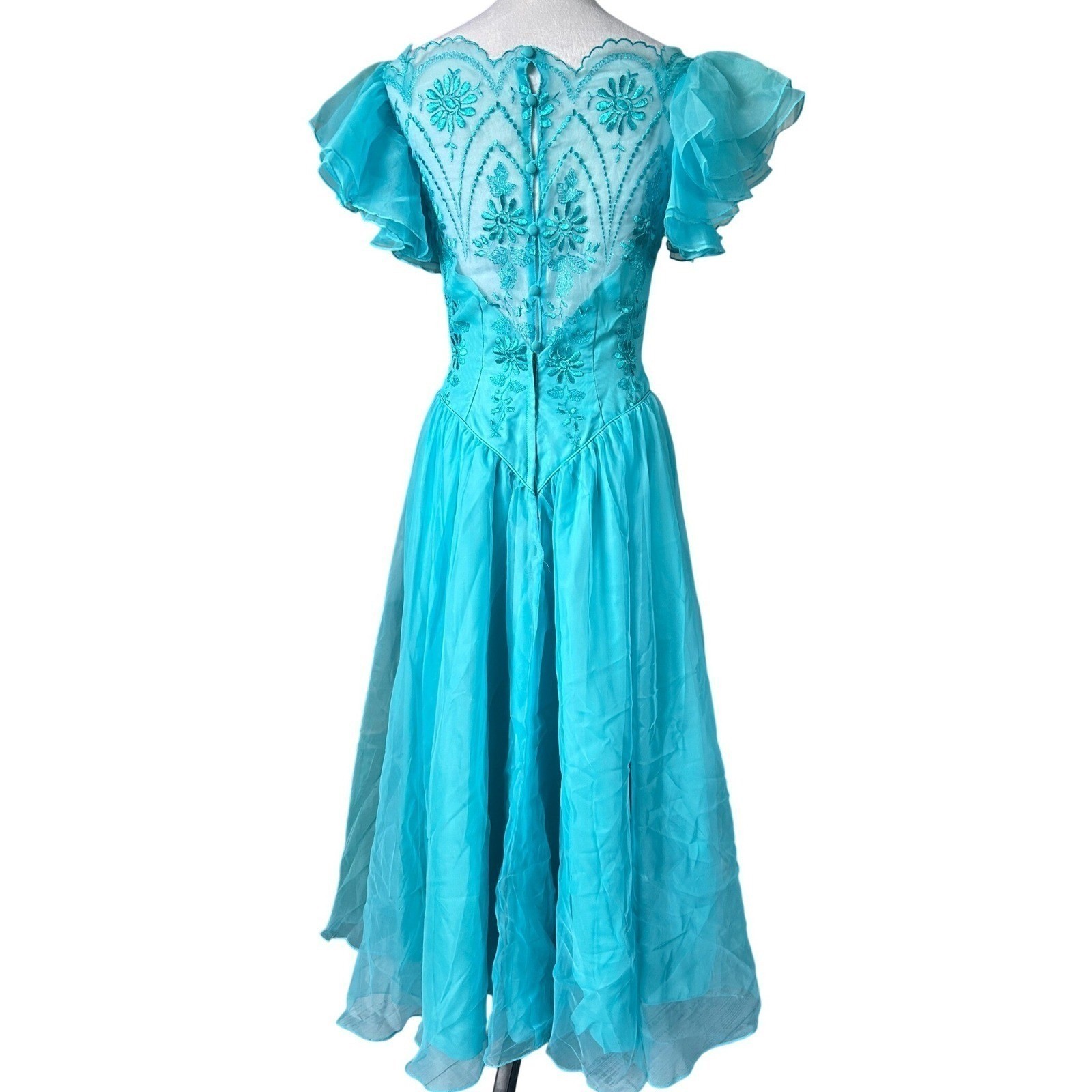 VTG Eve of Milady Formal Gown Bridesmaid Turquoise Embroidered Chiffon ILGWU 10