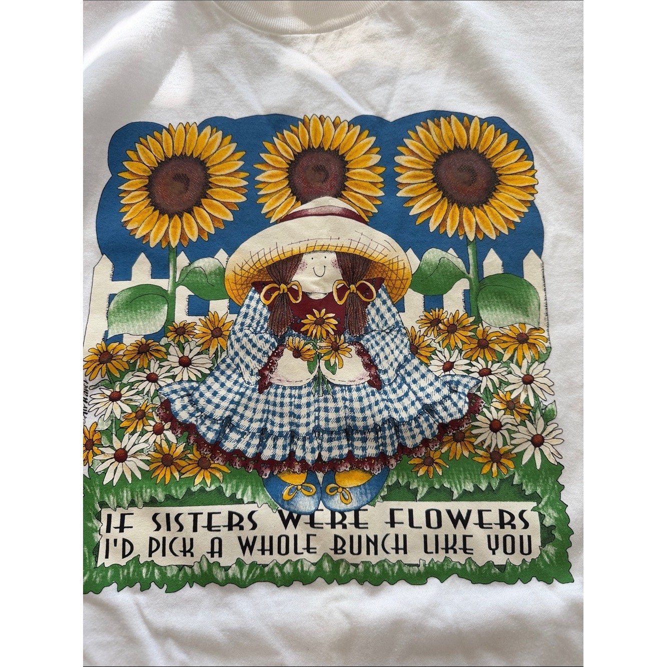 VTG Oneita Single Stitch White Sunflower Graphic T‑Shirt Granny Core XL