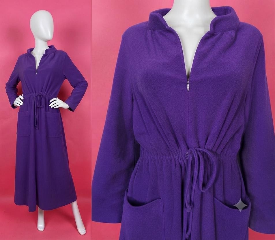 Vtg 70s Vanity Fair Royal Purple Velour Fleece Robe Nightgown Drawstring Sz 14 L
