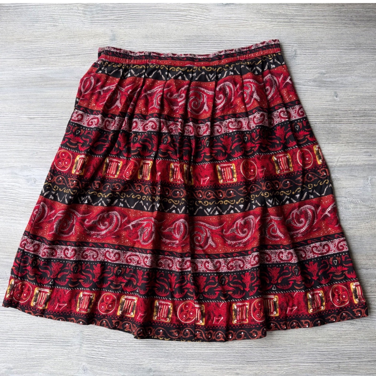 Worthington Vintage Red Black Paisley Midi Skirt Rayon Boho Dark Academia Petite