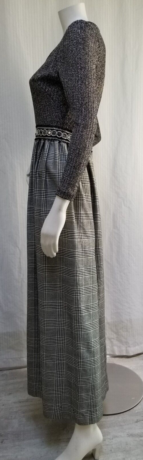 Vintage Black w/ Silver Lurex Rib Knit Glen Plaid Maxi Dress- Size S – EUC