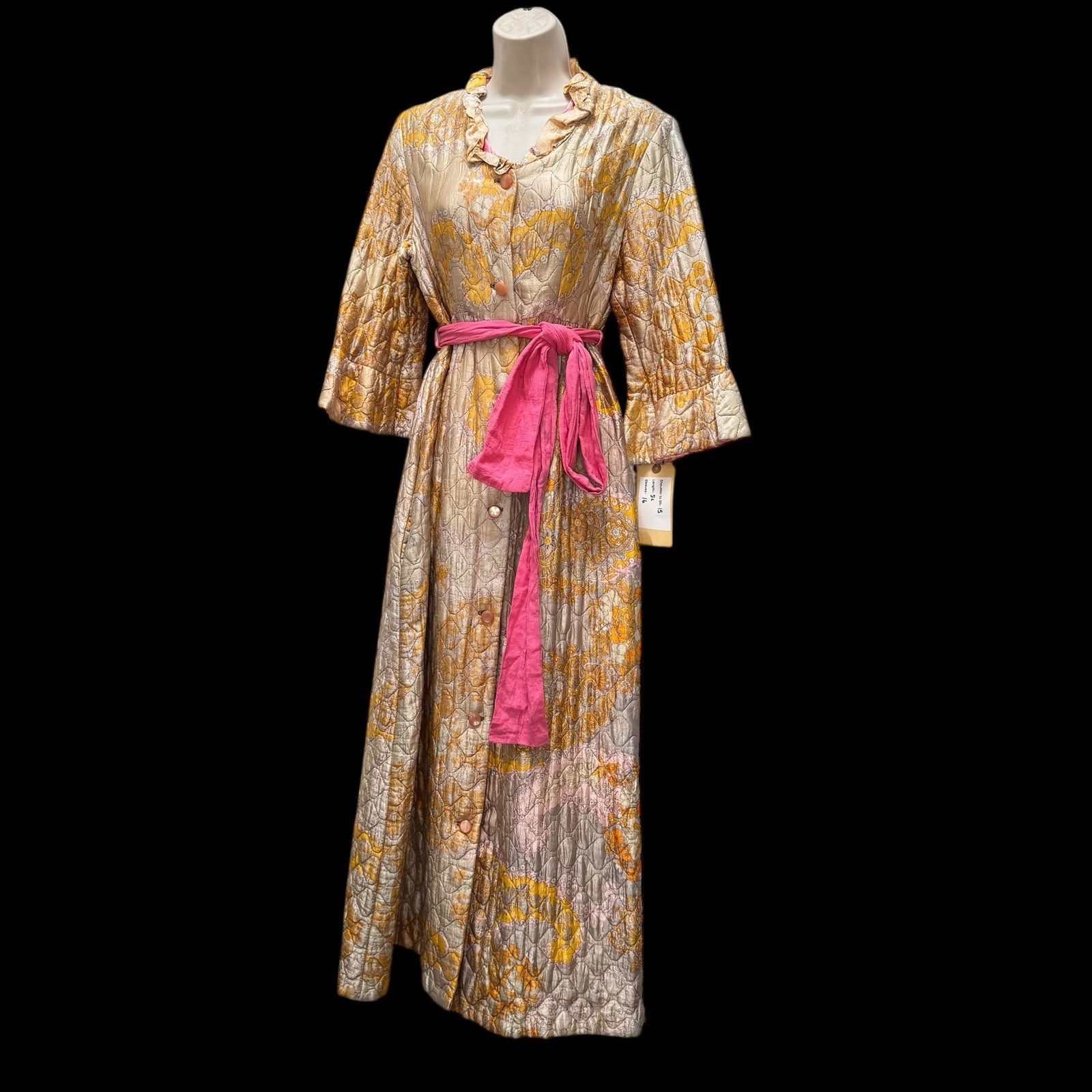 Vintage 1960s Quilted Hostess Gown Pink Sash Lounge Robe Psychedelic Print